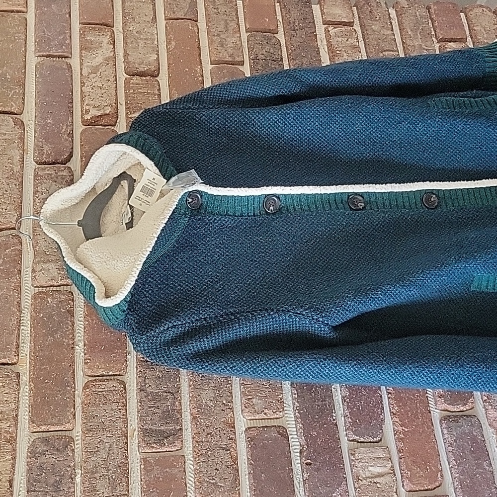 NWT L.L. BEAN Vintage Sweater Coat, button down with hood, Medium, green & blue